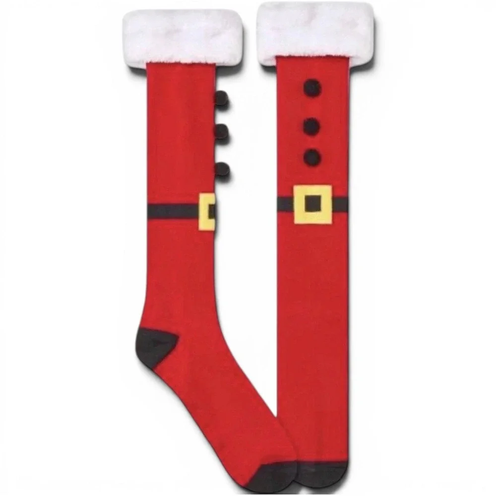 Wondershop Santa Knee High Socks One Size Red Faux Fur Trim Pom Poms NWT Holiday